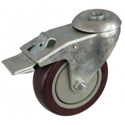 Колесо А 125 (007-061-125) с кронштейном поворотным пластик/полиуретан с отверстием 12,5 с тормозом