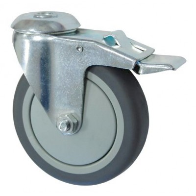 Колесо А 125 (007-063-125) с кронштейном поворотным пластик/TPR с отверстием 12,5 с тормозом