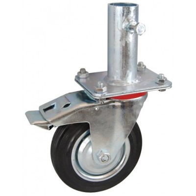 Колесо RA 200 (002-001-200R1) с кронштейном поворотным металл/резина с креплением под круглый профиль с фиксирующими болтами с тормозом