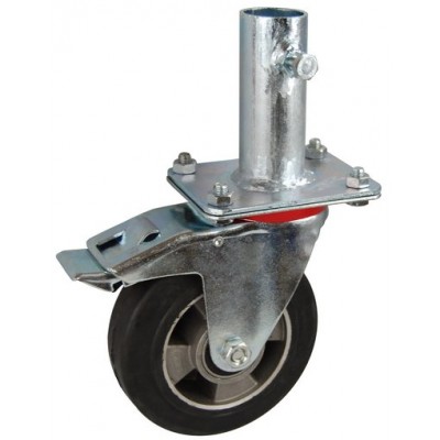 Колесо RA 200 (002-250-200R1) с кронштейном поворотным алюминий/резина с крепление под круглый профиль с фиксирующими болтами с тормозом